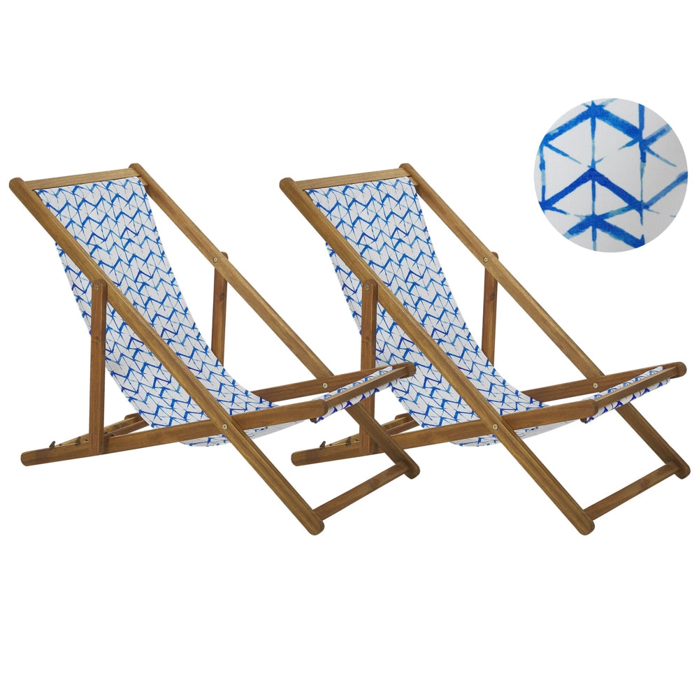 Set di 2 Sedie a Sdraio da Giardino Struttura in Legno di Acacia Chiaro Seduta Amaca in Tessuto Bianco e Blu Reclinabile
