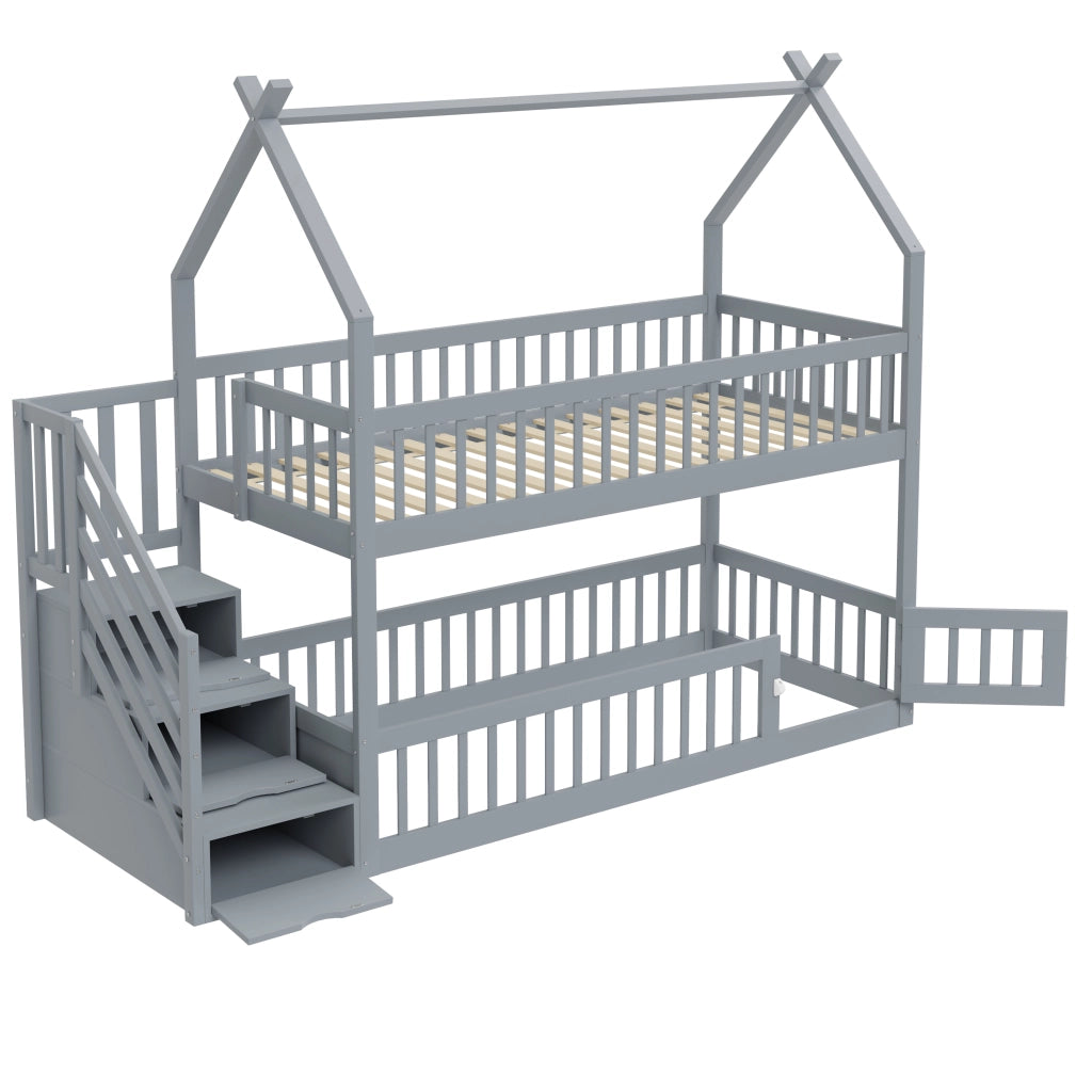 Letto a Castello 90x200 cm; Letto Singolo - Tetto; Scala con Cassetti - in Legno - Grigio