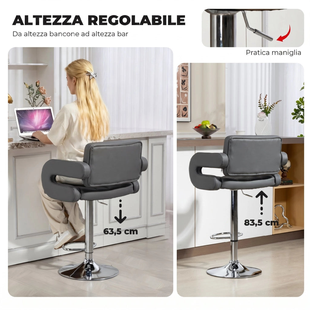 Sgabello da Bar Regolabile 61x50x93-113 cm Seduta Extra Large Girevole in Similpelle PU Grigio