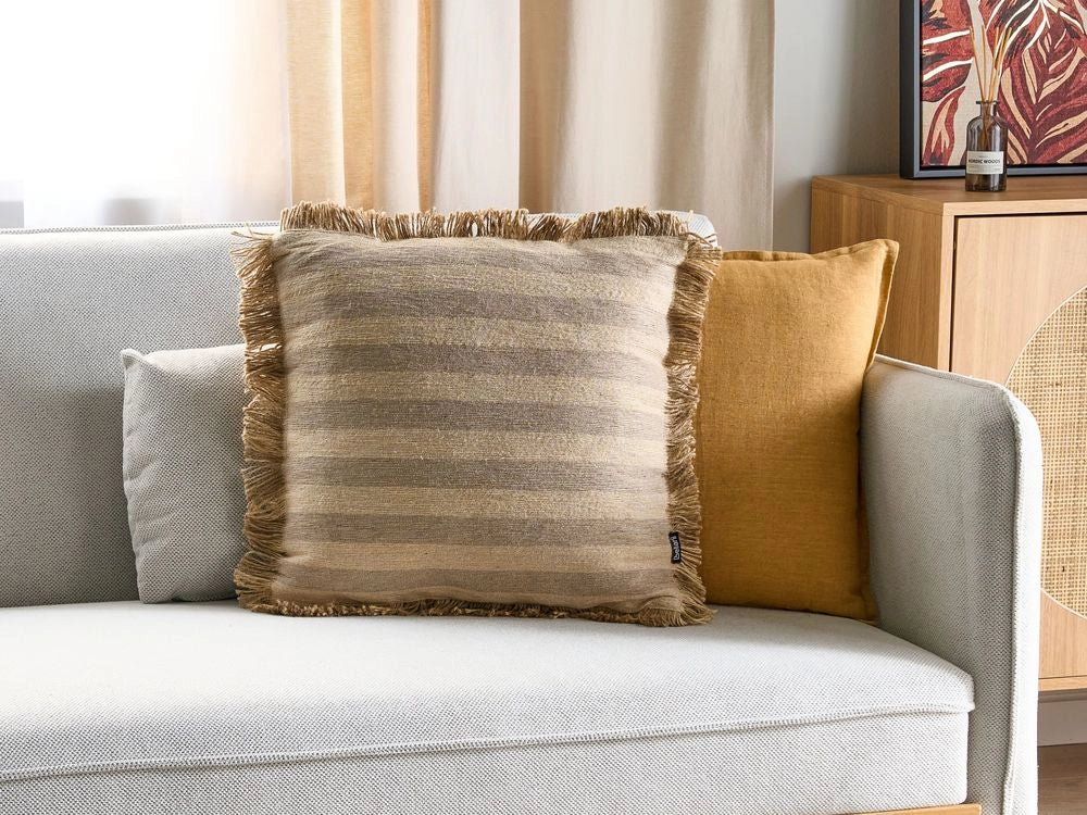 Cuscino in iuta sfoderabile con imbottitura con bordo decorativo a righe 45 x 45 cm Beige accessori decorativi boho
