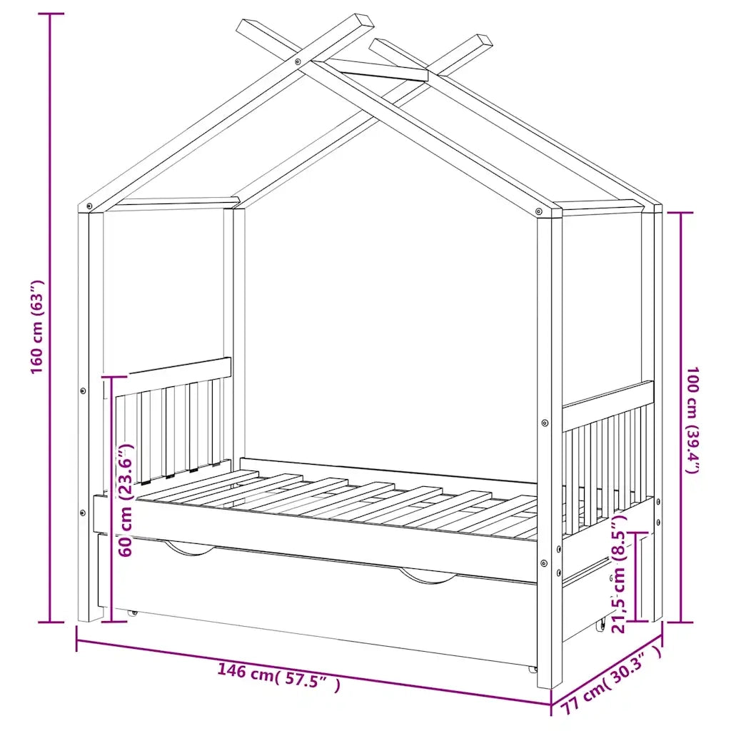 Giroletto Bambini con Cassetto Bianco Legno di Pino 70x140 cm 322148