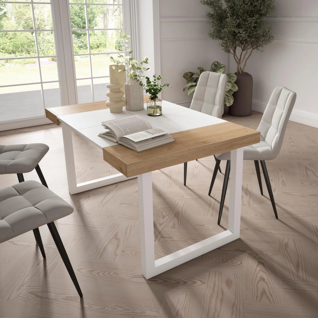 Consolle allungabile, 58 fino 140x90x73cm, Per 6 persone, Gambe in legno, colore Rovere e bianco RF2694