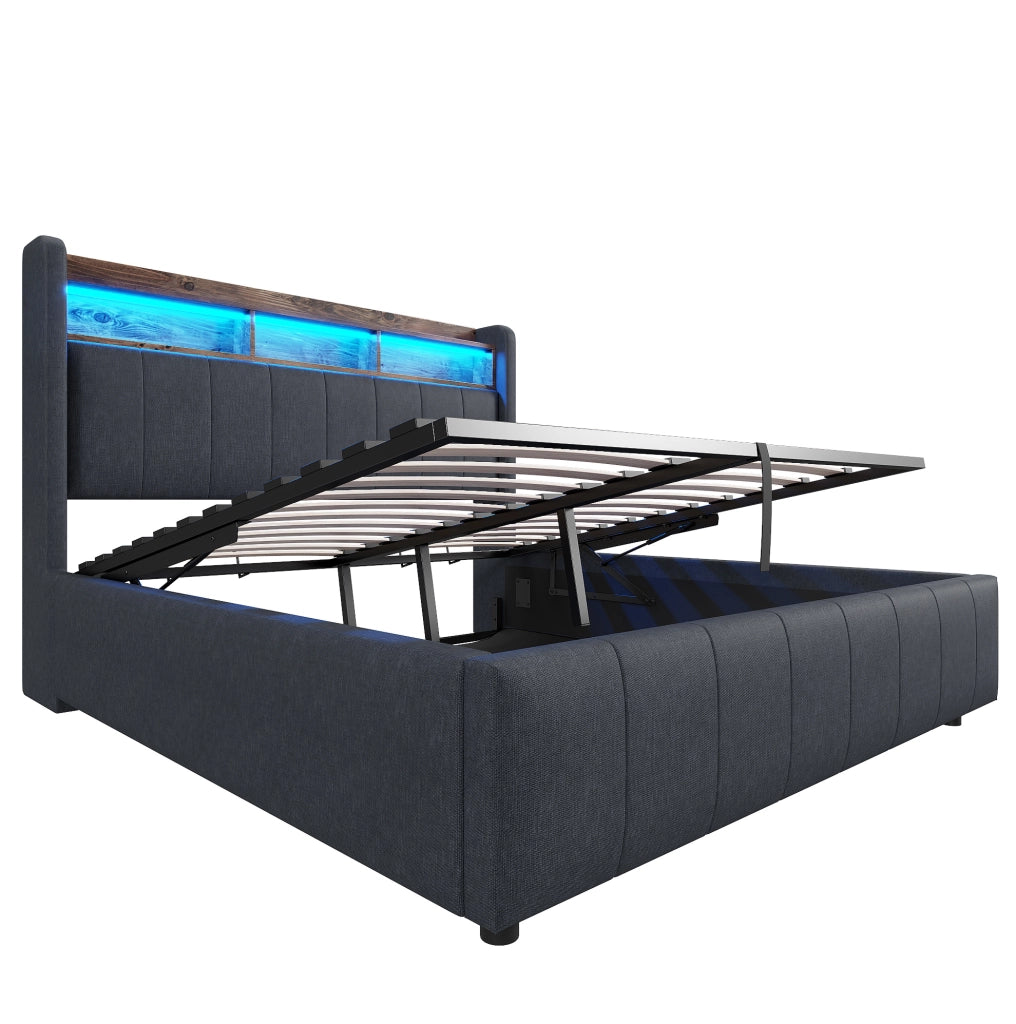 Letto imbottito 140x200 cm con LED, USB e contenitore idraulico