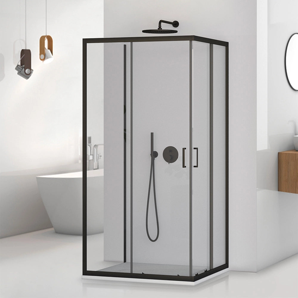 Box doccia 3 lati 70x120x70 in vetro temperato trasparente doppio scorrevole con profili neri Tay