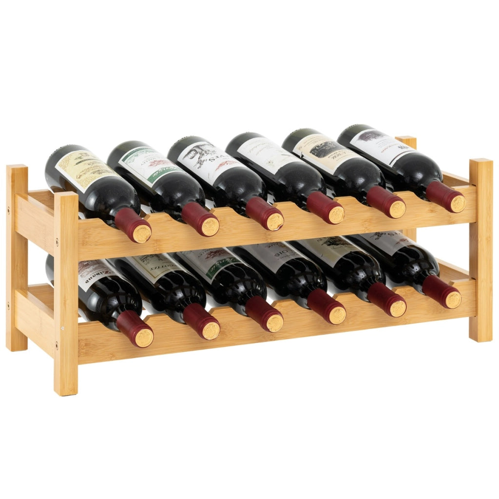 Piccolo scaffale per vino in bamb¨´ a 2 livelli da 12 bottiglie-Porta bottiglie di vino indipendente da appoggio Legno naturale