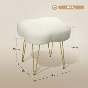 Sgabello imbottito a forma di quadrifoglio, rivestimento in poliestere, gambe in acciaio, crema bianco