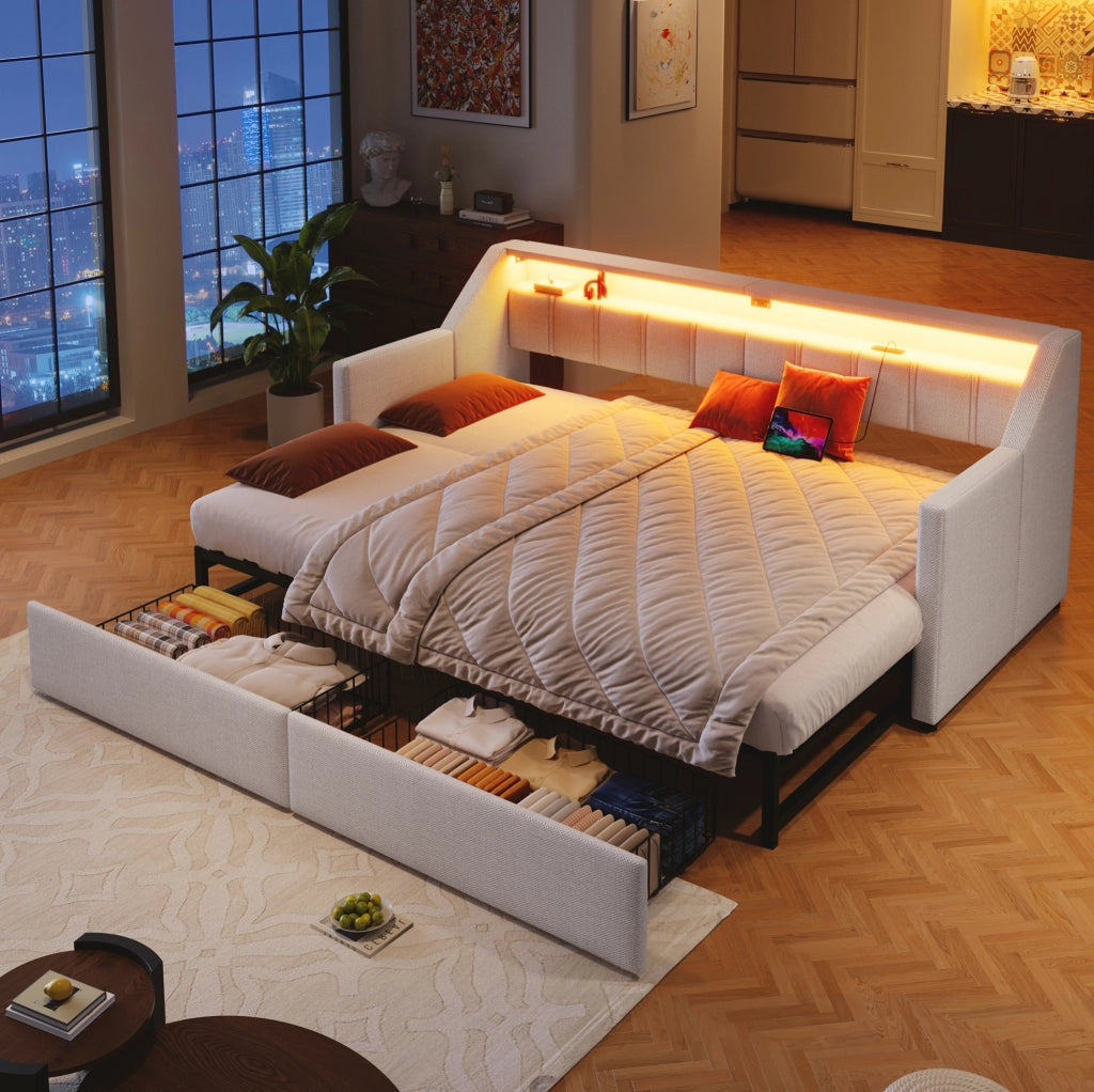 Letto 90x200 cm con USB; LED e cassetti in lino beige