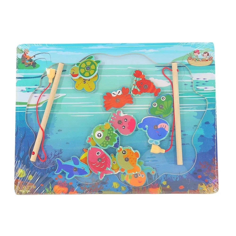Trade Shop - Gioco Di Pesca Magnetico In Legno A Tema Animali Marini Con 2 Canne Per Bambini 52283 -