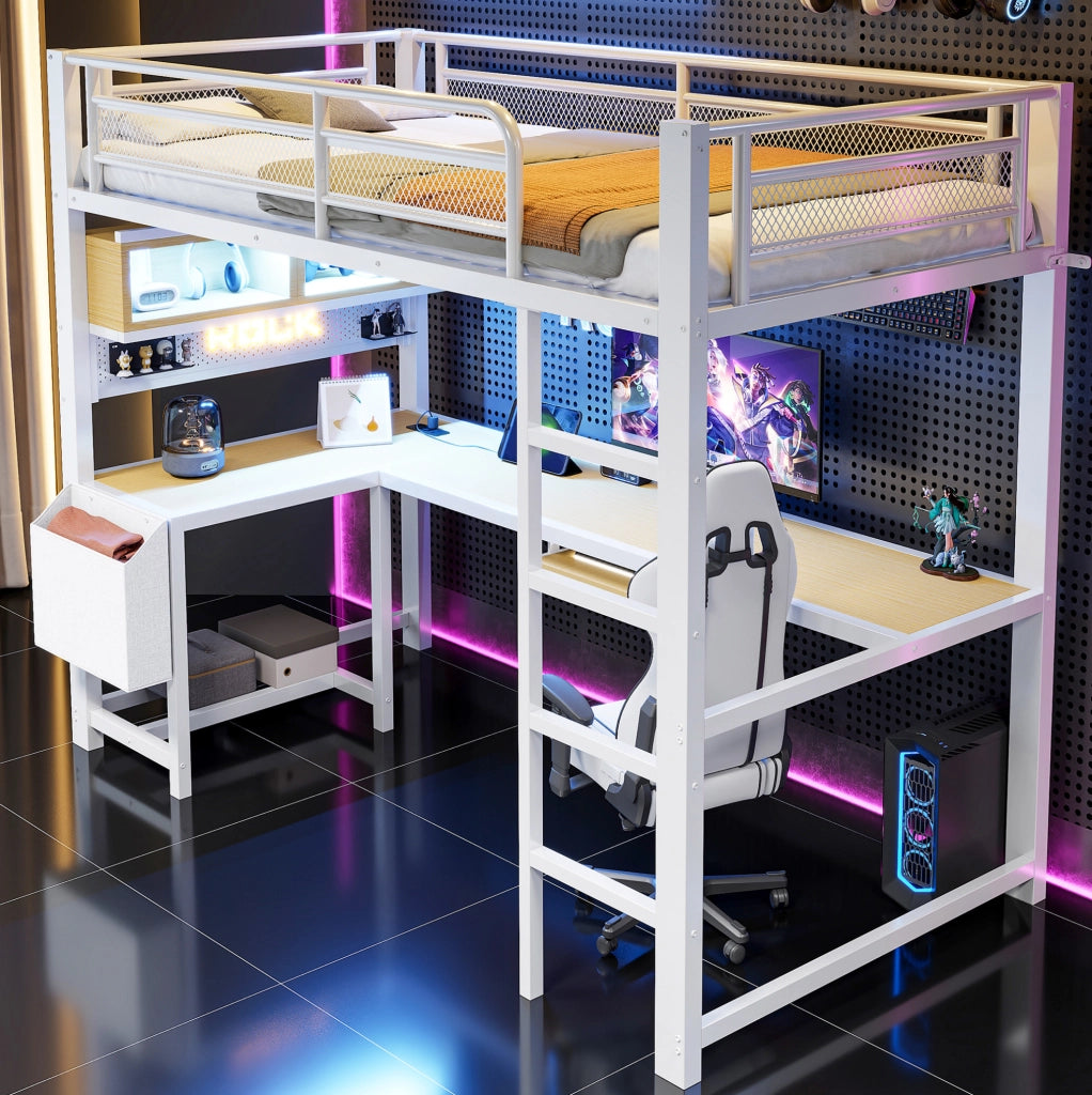 Letto a soppalco 90x200 cm con scrivania; LED e presa di ricarica in MDF e metallo bianco