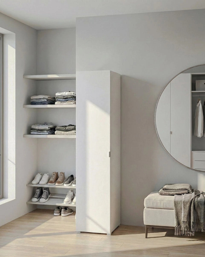 Armadio Banyan - Guardaroba moderno - 1 anta - Struttura bianca - 1 ripiano incluso - 40 x 52 x 177 cm_