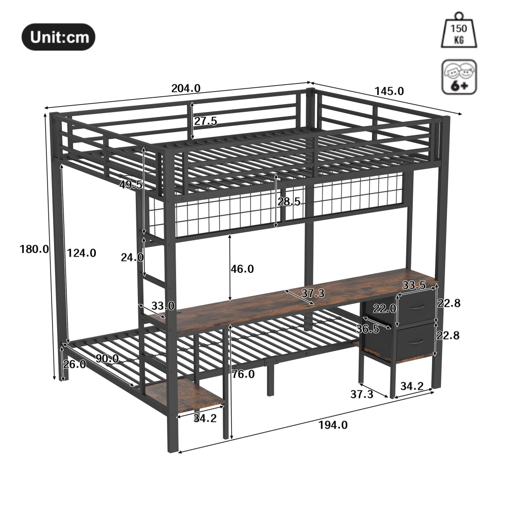 Letto a Soppalco 140 x 200 cm; Letto Matrimoniale con Scrivania; Cassetti; Mensole; Griglia; LED e USB