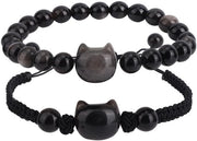 Set di bracciali per gatti - Nero Obsidiaan - Bracciale elastico - 2 pezzi - Cordone di fortuna - Diametro 7cm - Bracciali