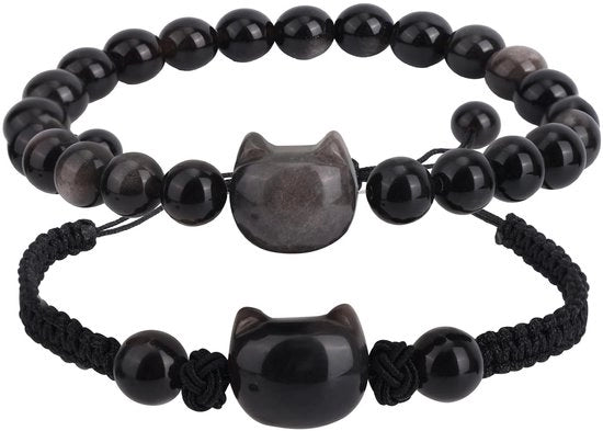 Set di bracciali per gatti - Nero Obsidiaan - Bracciale elastico - 2 pezzi - Cordone di fortuna - Diametro 7cm - Bracciali