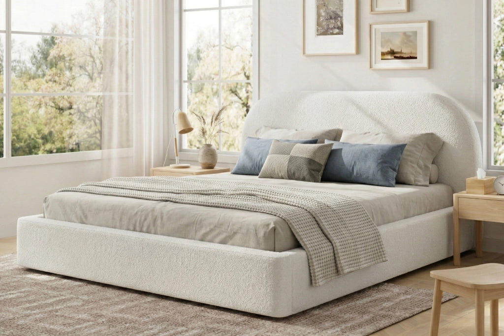 Letto matrimoniale 180x200 cm in Bouclé beige con rete a doghe, testiera imbottita e struttura con angoli arrotondati