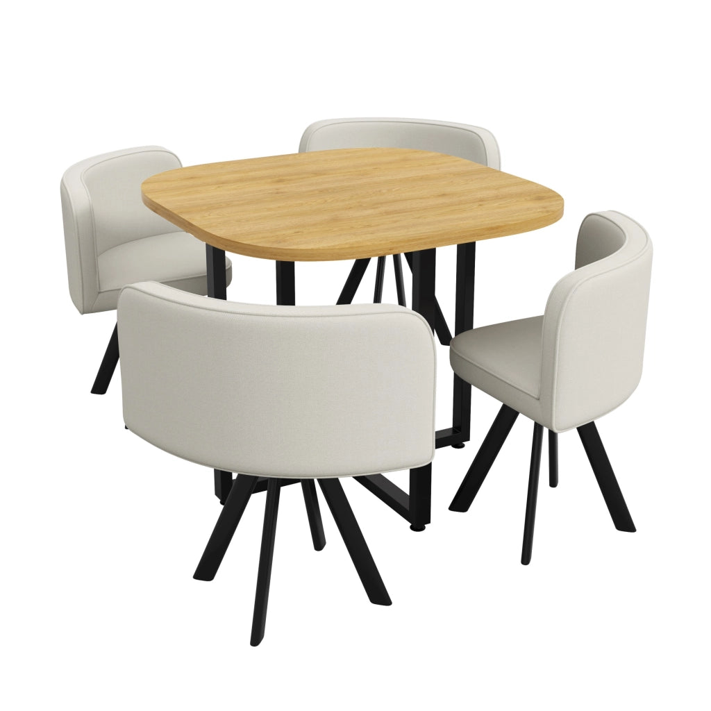 Set da pranzo composto da 4 sedie in lino e un tavolo (85 x 85 cm) con finitura effetto legno, color beige