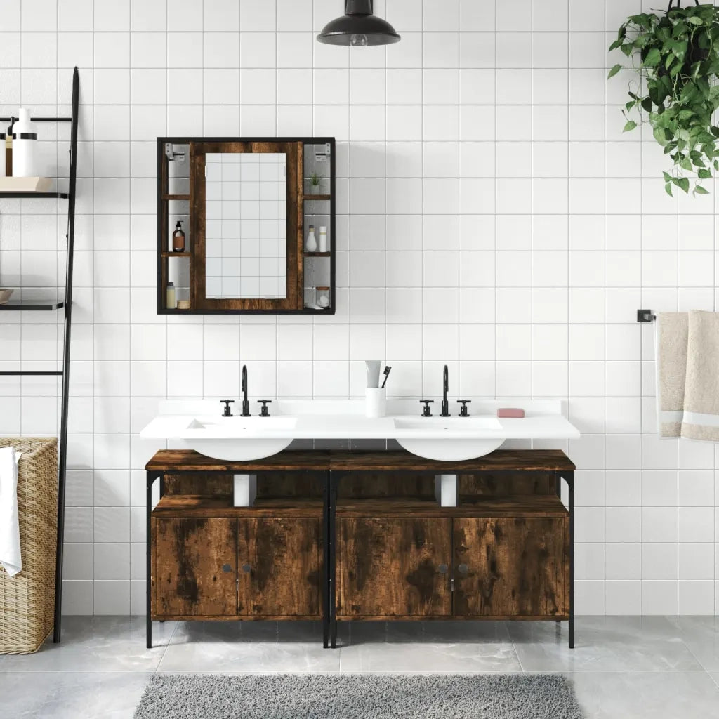 Set Mobili da Bagno | Armadio da bagno 3 pz Rovere Fumo in Legno Multistrato