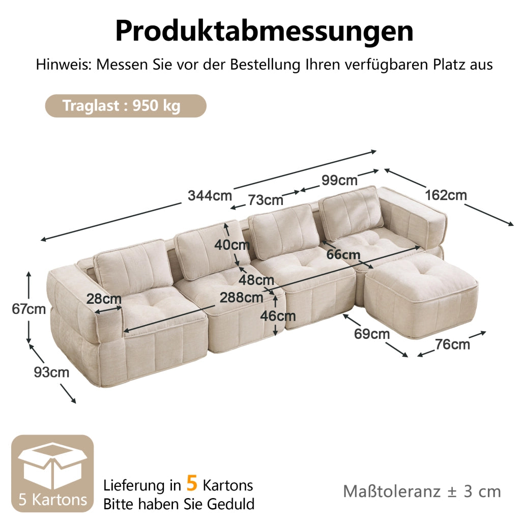 Divano modulare angolare 4 posti con pouf, base antiscivolo e braccioli larghi in poliestere beige per soggiorno