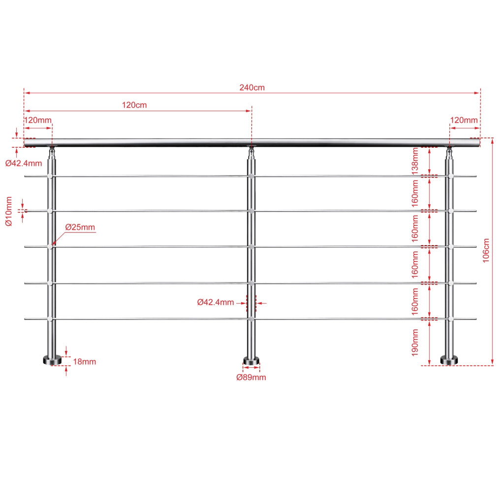 Ringhiera Balaustra Corrimano in acciaio inox spazzolato 240x106cm per interni ed esterni 5 barre trasversali
