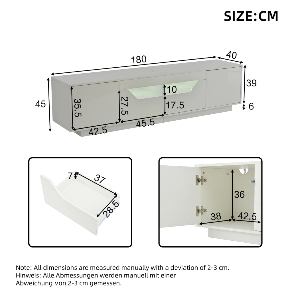 Mobile TV da Terra con 2 Ante; 2 Cassetti e LED; Frontale Lucido; per Soggiorno; 180??40??45 cm; in Truciolare; Bianco