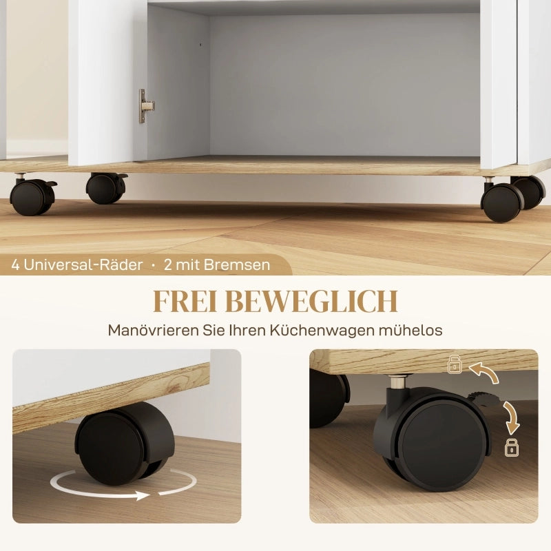 CARRELLO CUCINA CON RIPIANO REGOLABILE 80x40x82 cm Legno Naturale e Bianco