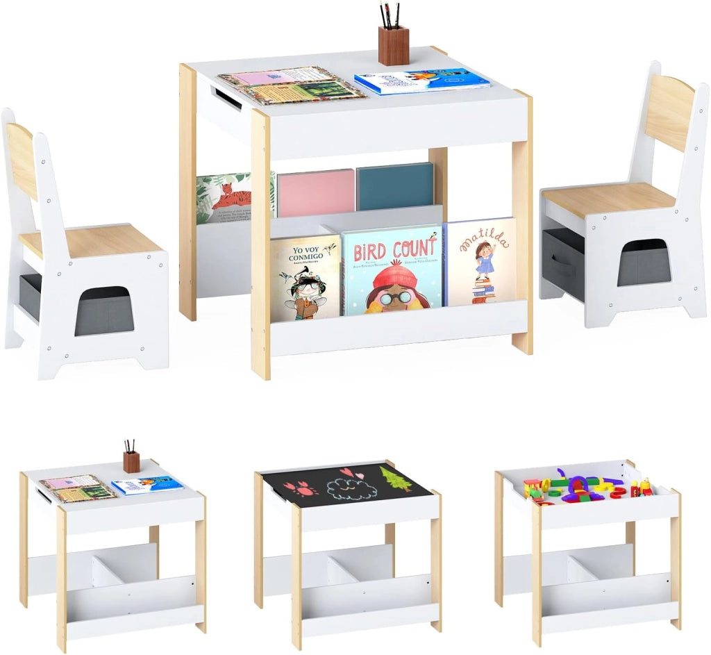 4 in 1 Set Tavolo e Sedie per Bambini 3+ Anni, Tavolo e Sedie con Piano Reversibile, Scaffali e Cassetti, Ideale per Disegno, Lettura e Studio (Naturale, Stile 3)