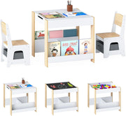 4 in 1 Set Tavolo e Sedie per Bambini 3+ Anni, Tavolo e Sedie con Piano Reversibile, Scaffali e Cassetti, Ideale per Disegno, Lettura e Studio (Naturale, Stile 3)