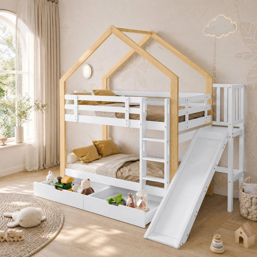Letto a castello a casetta con scivolo e scaletta; 90x200 cm; bianco e naturale