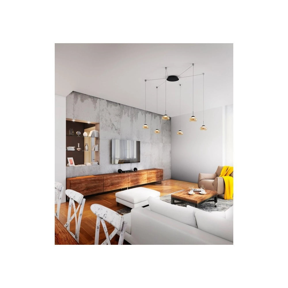 Lampadario a sospensione Arabella a Led in metallo e vetro soffiato ambra 3547-46-125 Fabas Luce