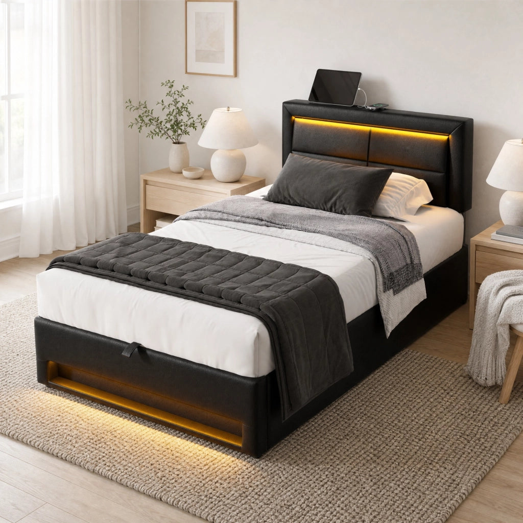 Letto imbottito 90x200 cm con USB, LED e contenitore, senza materasso, nero