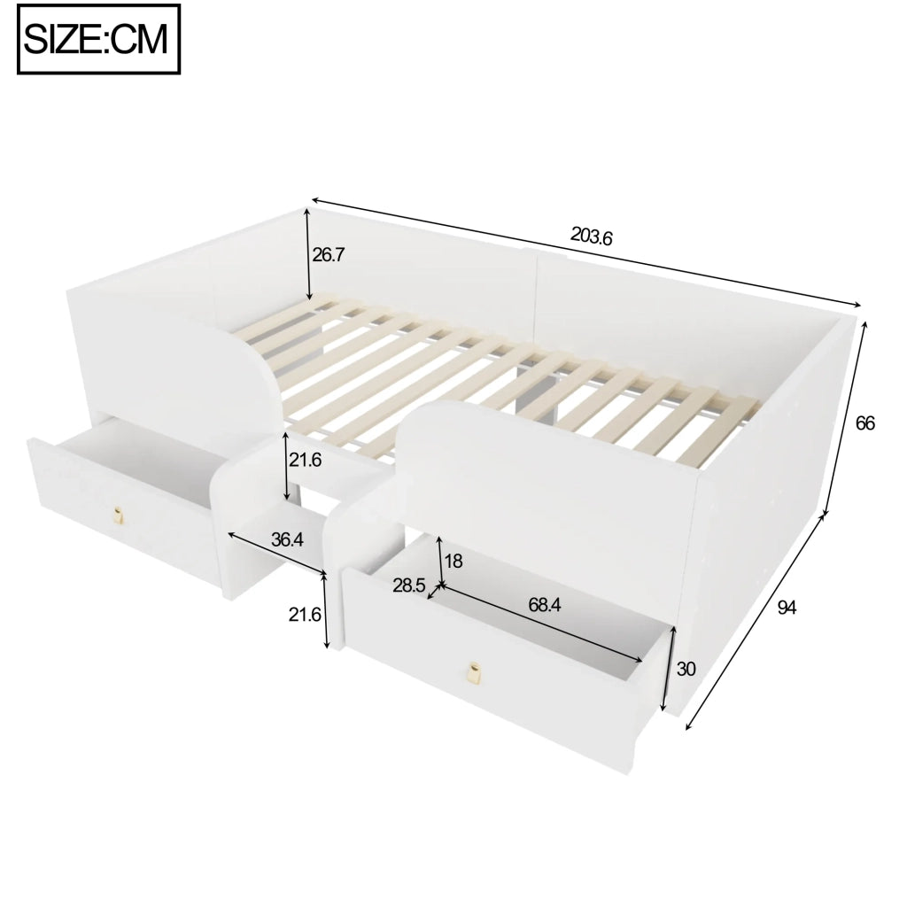 Letto singolo in legno bianco 90x200 cm con 2 grandi cassetti e piccola scala di sicurezza