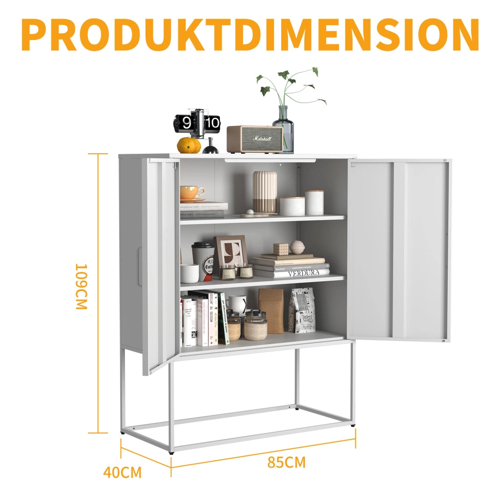 Credenza in Metallo con 2 ripiani e porte magnetiche - per soggiorno - 85×40×109 cm - bianco
