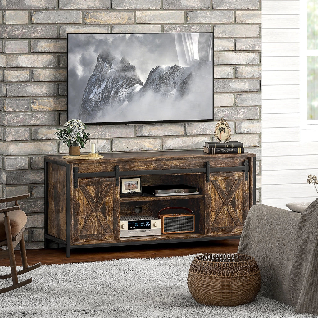 Mobile TV Design Industriale con 6 Ripiani e 2 Ante Scorrevoli ¨C zephmum ¨C Marrone/Nero 160x40x50