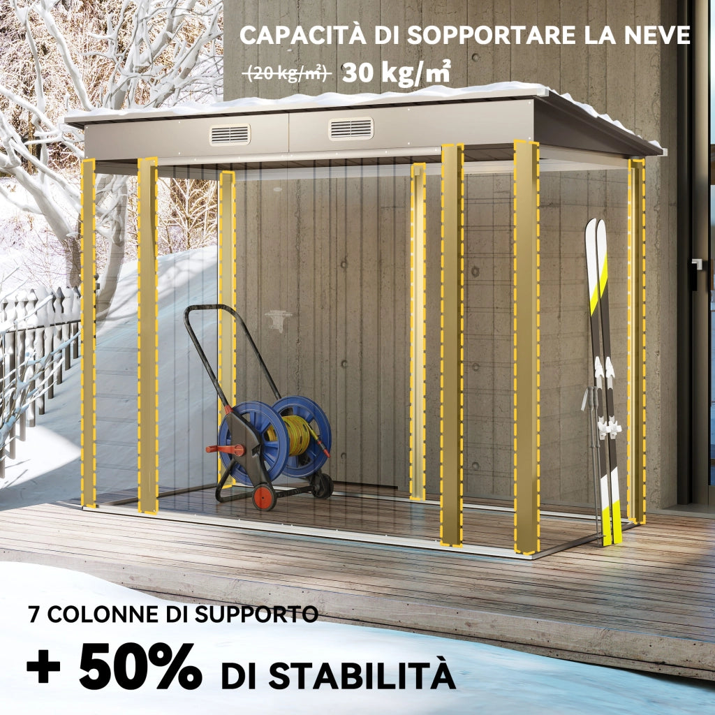 Capanno Porta Attrezzi con 2 Prese d'Aria e Chiavistello, in Acciaio, 249x121x183 cm, Grigio Chiaro