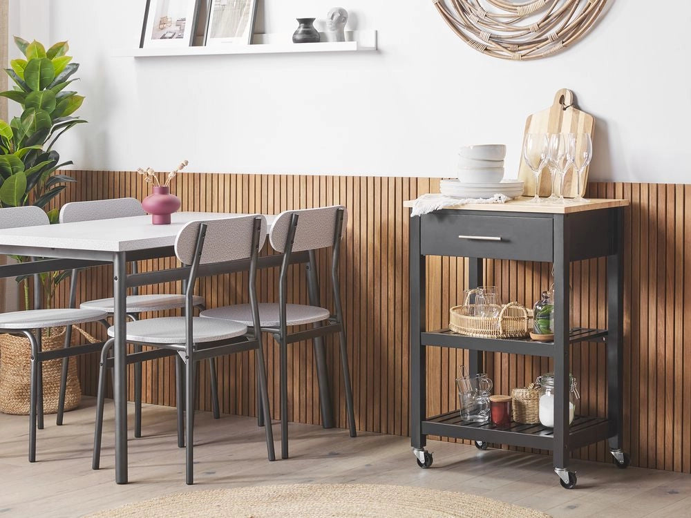Carrello da cucina in legno di gomma Nero MDF 58 x 40 x 85 cm 2 ripiani portaposate cassetto portabottiglie ruote