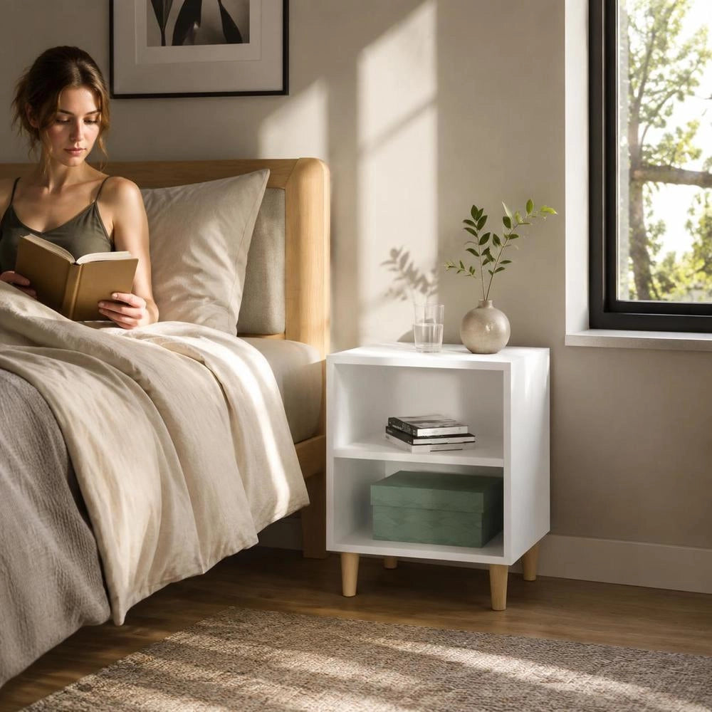 Bedside Table With Solid Wood Legs White 40x30x50 Cm