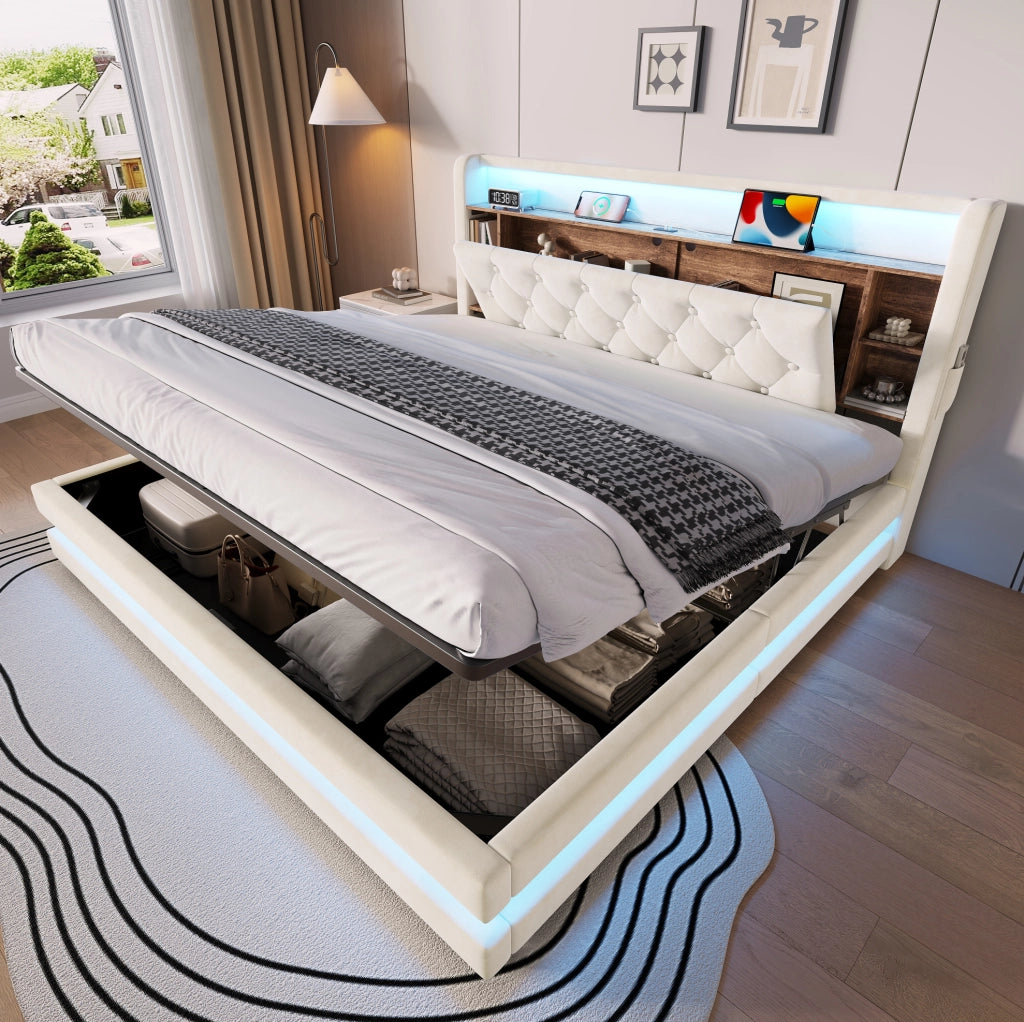 Letto contenitore imbottito 180x200 cm in velluto beige con testiera multifunzionale, LED, USB e tipo C