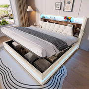 Letto contenitore imbottito 180x200 cm in velluto beige con testiera multifunzionale, LED, USB e tipo C