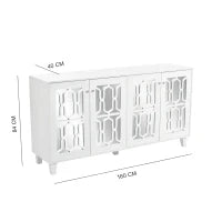 Credenza Bianca con Specchio e Maniglie di Cristallo, 4 Ante, Ripiano Interno Mobile, Design Coordinato, Perfetto per Soggiorno e Sala da Pranzo, Bianco