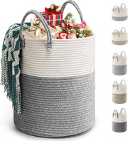 Asciugamano grande di cotone con filo 39L cesta di stoccaggio D35 x H40 cm Asciugamano di cotone tessuto a mano con maniglia cesta di stoccaggio intrecciato asciugamano pieghevole per stoccaggio domestico e decorazione (grigio)
