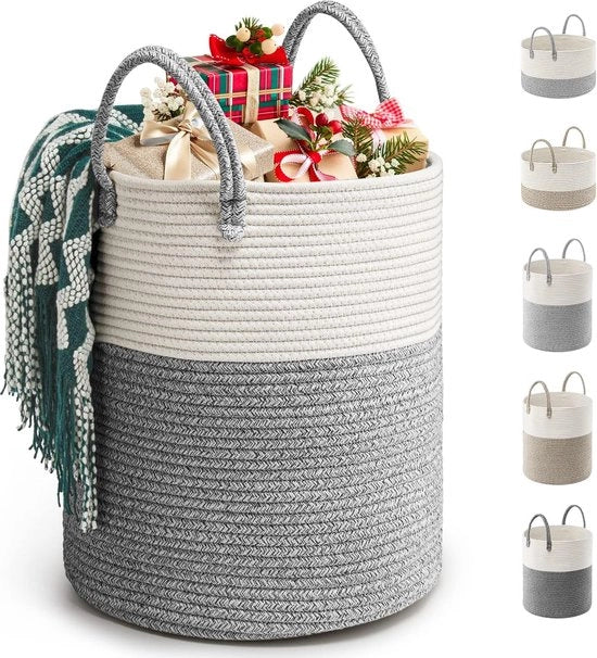 Asciugamano grande di cotone con filo 39L cesta di stoccaggio D35 x H40 cm Asciugamano di cotone tessuto a mano con maniglia cesta di stoccaggio intrecciato asciugamano pieghevole per stoccaggio domestico e decorazione (grigio)