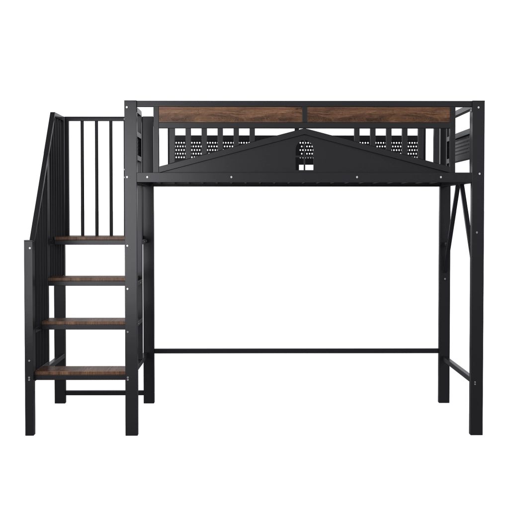 Letto a soppalco in metallo 90x200 cm con ringhiera di sicurezza e scala laterale, colore nero