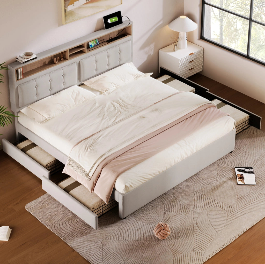 Letto imbottito 140x200 cm con 4 cassetti e prese USB-C