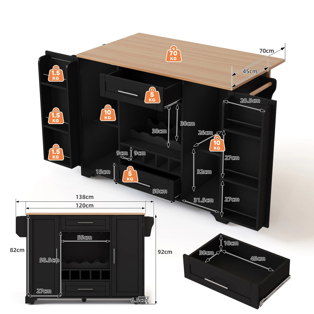 CARRELLO CUCINA ESTRAIBILE 138x45(70)x92 cm MDF Nero/Naturale