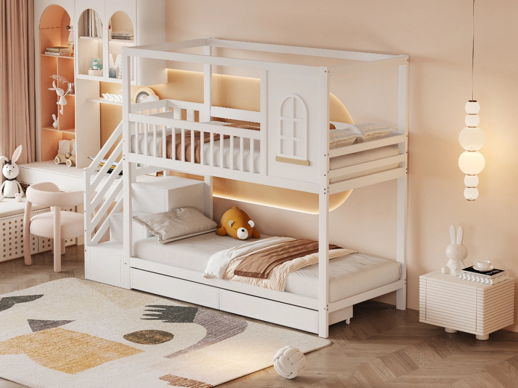 Letto a castello funzionale in legno bianco 90x200 cm