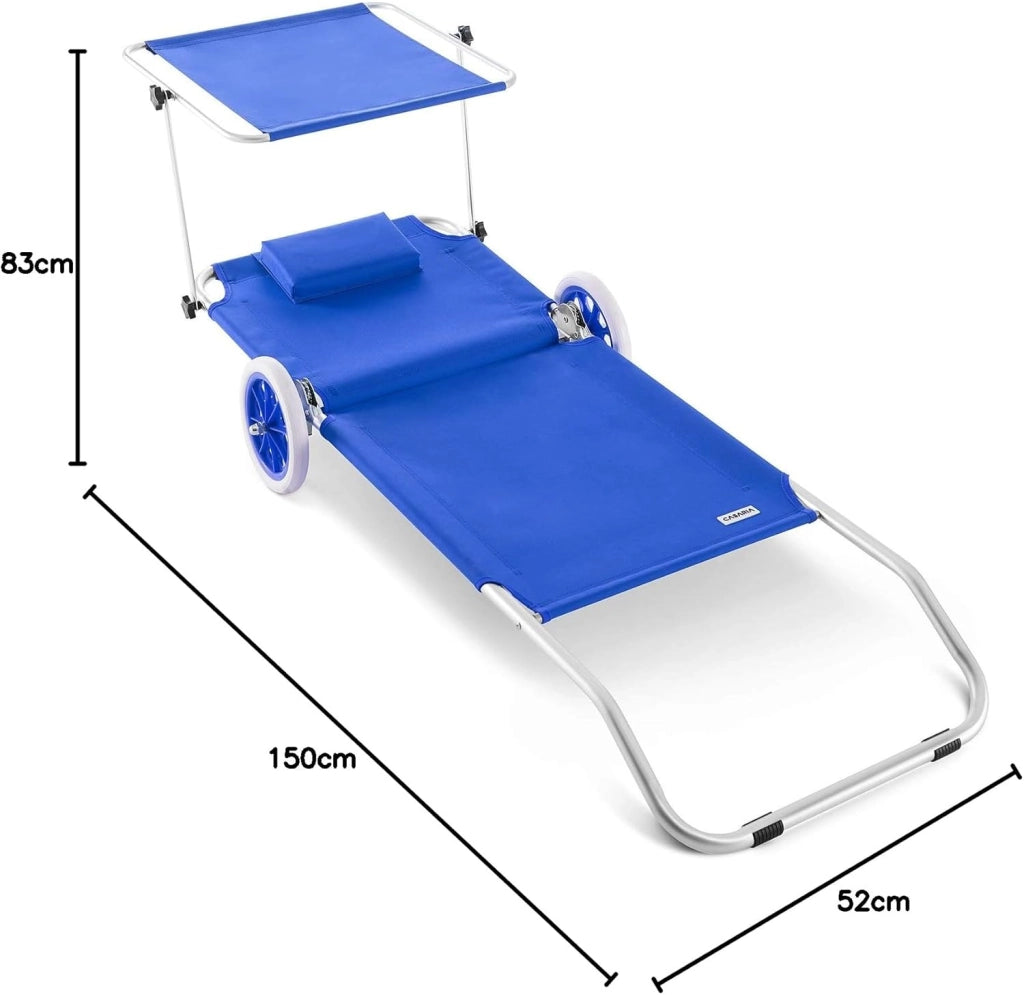 ® Lettino da Spiaggia Kreta Pieghevole Trasportabile 2 Ruote con Cuscino Tettuccio Parasole Sdraio Prendisole