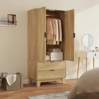 Armadio con 2 ante a chiusura ammortizzata, 2 cassetti e barra appendiabiti, 80x50x180cm, Legno naturale