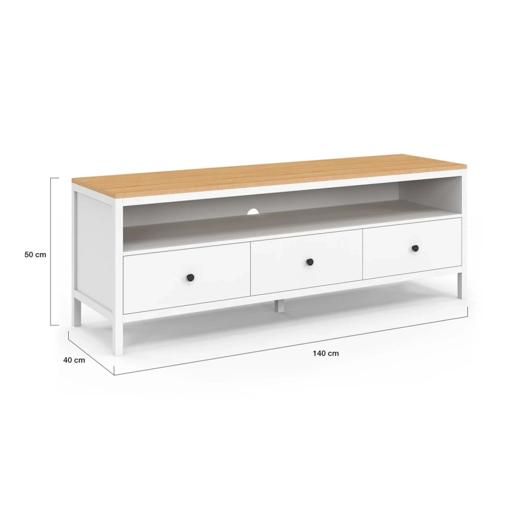 IDMarket - Porta TV ACHILLE 140 cm con 3 cassetti bianchi e piano in legno