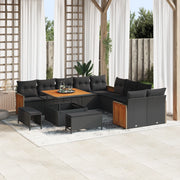 Set Divano Giardino  13 Pezzi con Cuscini Neri Polyrattan Acacia