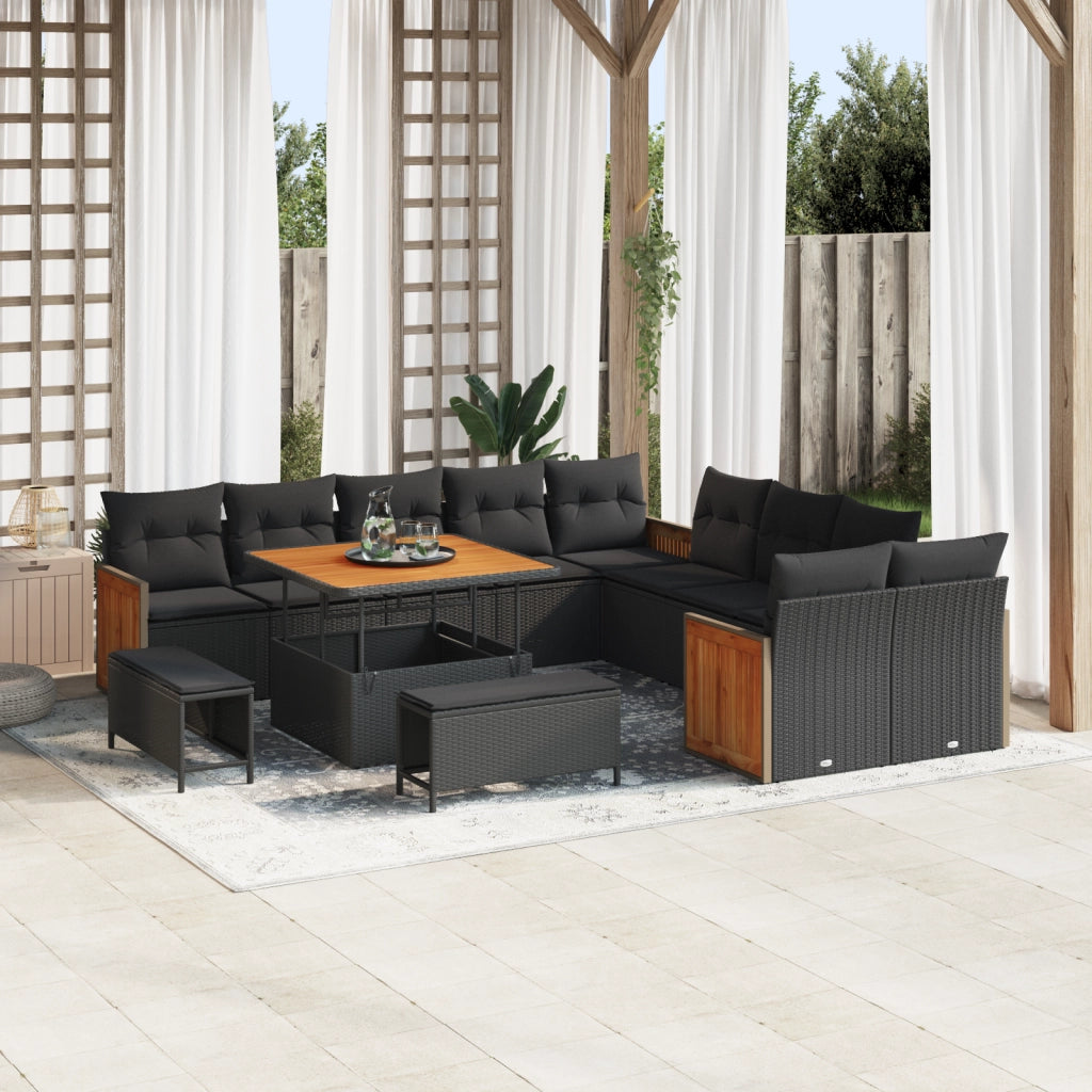 Set Divano Giardino  13 Pezzi con Cuscini Neri Polyrattan Acacia