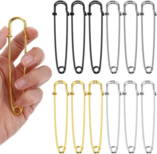 Spille per sicurezza in acciaio inossidabile - 12 pezzi - 100 mm - Robusto - Per abbigliamento/replicazione - Nero/rosso/argento/oro - Spille